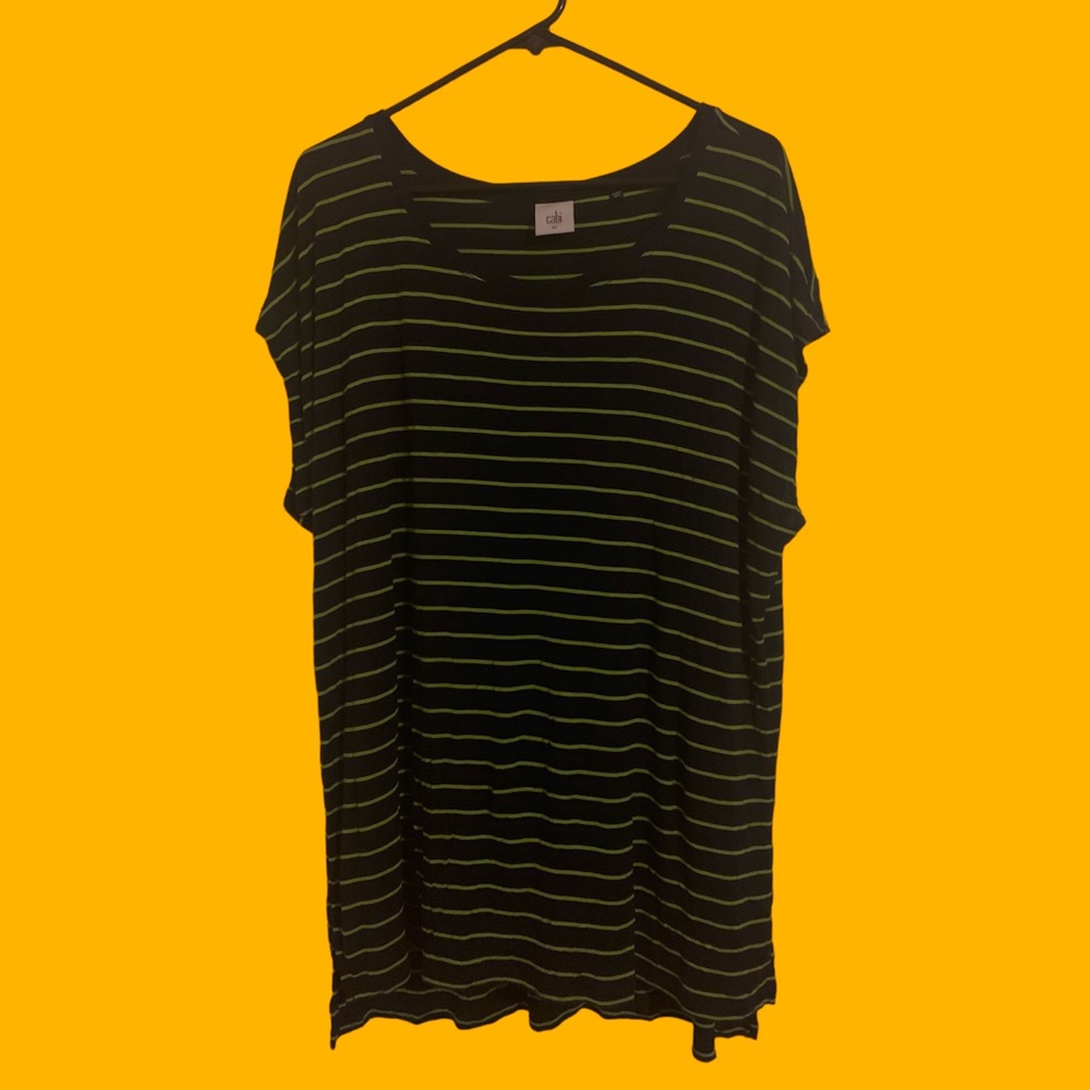 Cabi Ibiza navy & lime green striped tunic length tee shirt